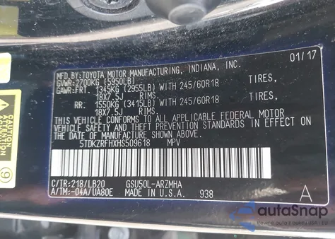 2017 Toyota Highlander Xle z USA, uszkodzony, nr VIN 5TDKZRFHXHS509618